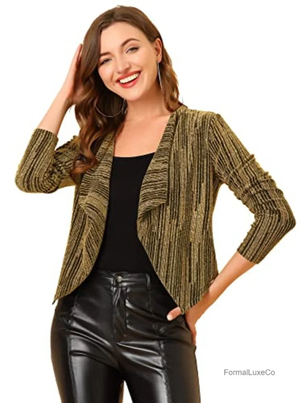 Glitter Open Front Cropped Cardigan Long Sleeve Party Layer